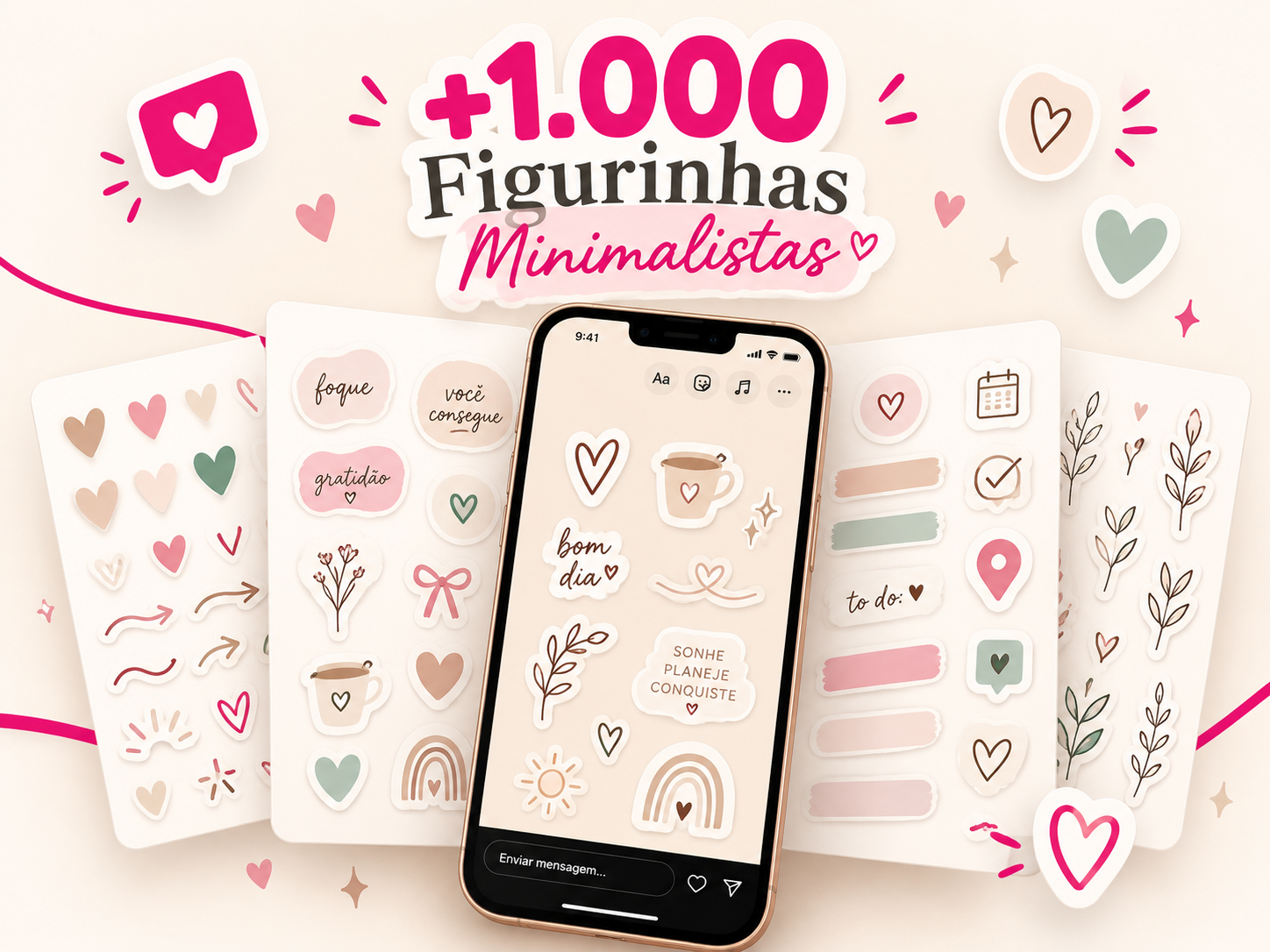Mockup do bônus com mais de mil figurinhas minimalistas para Stories