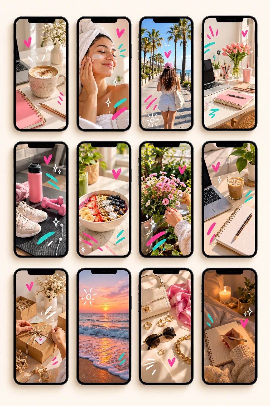 Doze exemplos originais de Stories em celulares, com cenas de rotina, beleza, trabalho e bem-estar decoradas com elementos rosa e verde-água